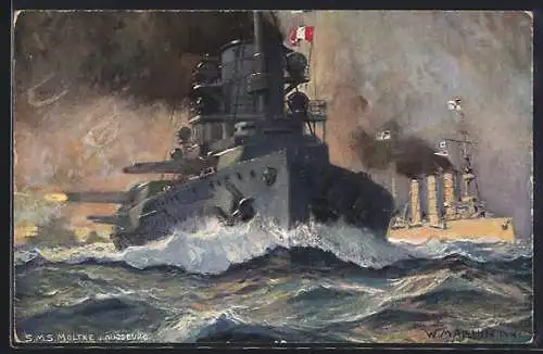Künstler-AK Kriegsschiff Moltke in Begleitung des Kriegsschiffes Augsburg