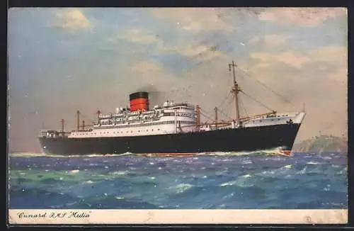 AK Passagierschiff R.M.S. Media vor einer Insel, Cunard Liner