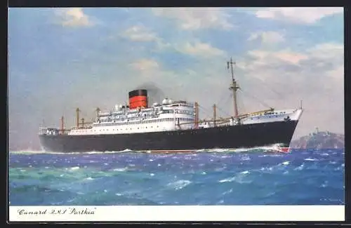Künstler-AK Passagierschiff R.M.S. Parthia vor einer Insel, Cunard Liner