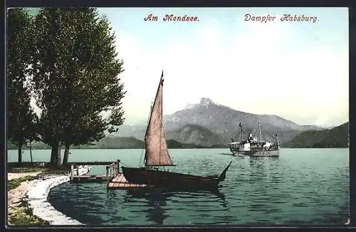 AK Mondsee, Partie mit Dampfer Habsburg