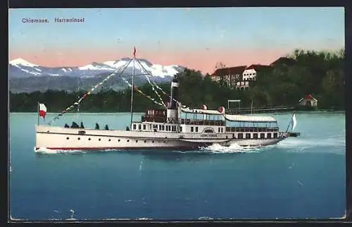 AK Salondampfer Ludwig Fessler auf dem Chiemsee vor der Herreninsel