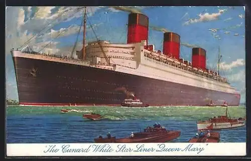 AK White Star Liner Queen Mary mit Schleppern in Küstennähe, Passagierschiff
