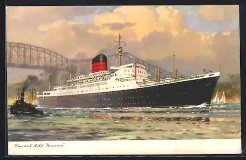 Künstler-AK Passagierschiff R.M.S. Saxonia, unter einer Brücke durchfahrend, Cunard Line