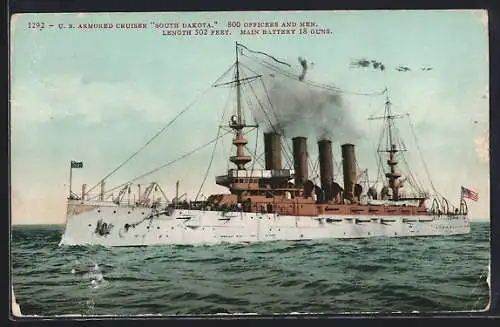 AK US Armored Cruiser South Dakota auf See, Kriegsschiff