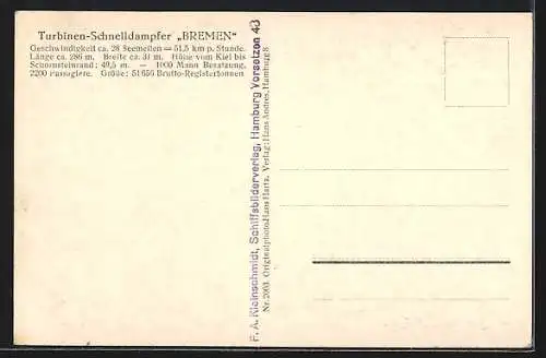 AK Turbinen-Schnelldampfer Bremen auf See, Passagierschiff