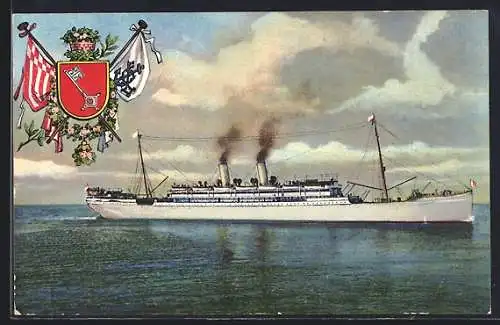 AK Passagierschiff Bremen des Norddeutschen Lloyd auf dem Meer, Stadtwappen