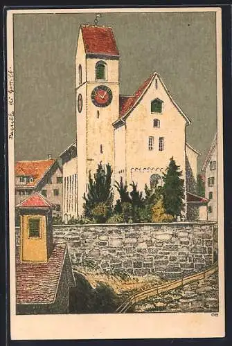 Künstler-AK Rüti /ZH, Darstellung der Kirche