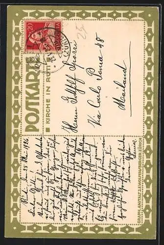 Künstler-AK Rüti /ZH, Darstellung der Kirche