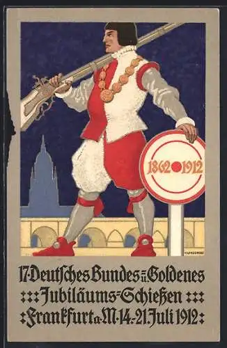 AK Frankfurt, 17. deutsches Bundes- und goldenes Jubiläumsschiessen 1912, Schütze an einer Zielscheibe