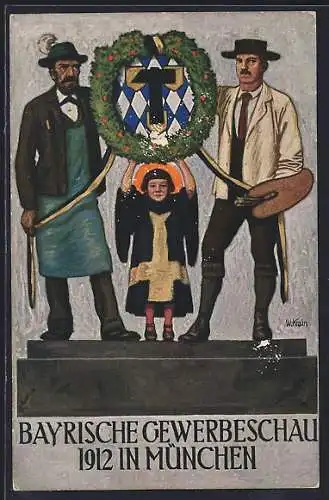 AK München, Bayerische Gewerbeschau 1912, Münchener Kindl, Wappen