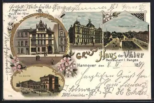 Lithographie Hannover, Restaurant Haus der Väter, Bahnhof, Post, Herrenhauser Allee