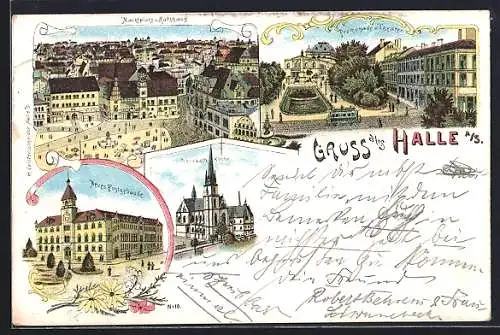 Lithographie Halle /Saale, Promenade und Theater, Neues Postgebäude