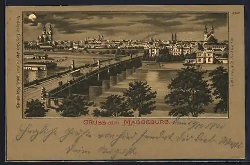 Mondschein-Lithographie Magdeburg, Totalansicht über die Brücke