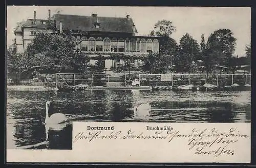 AK Dortmund, Gasthaus Buschmühle vom Wasser aus gesehen