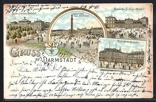 Lithographie Darmstadt, Main-Neckar Bahnhof, Louisenplatz vom Ständehaus, Hessischer Ludwigs-Bahnhof