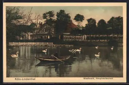 AK Köln-Lindenthal, Stadtwald mit Hauptrestaurant und Teich