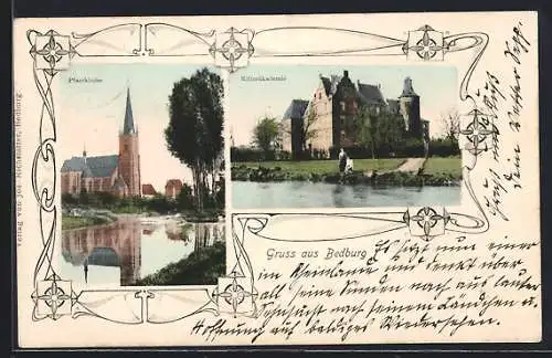 AK Bedburg, Pfarrkirche und Ritterakademie im Passepartout