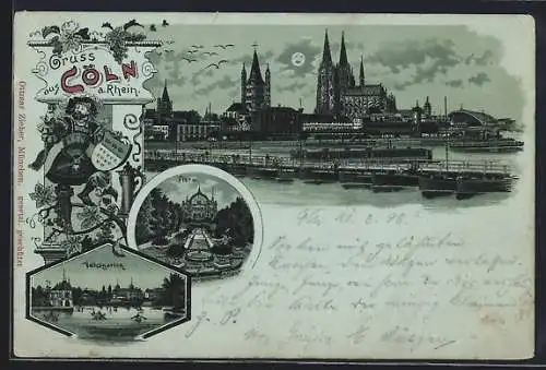 Mondschein-Lithographie Köln a. Rhein, Flora, Volksgarten, Ortsansicht mit dem Dom