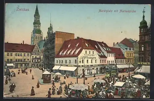 AK Zwickau, Marktplatz mit Marienkirche und Strassenbahn