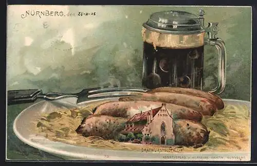 Passepartout-Lithographie Nürnberg, Gasthaus Bratwurstglöcklein, Mahlzeit mit Bratwurst und Bier