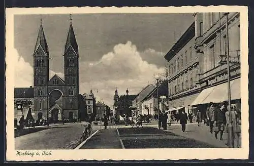 AK Marburg a. Drau, Strassenpartie und Platz im Zentrum, Kirche und Geschäfte