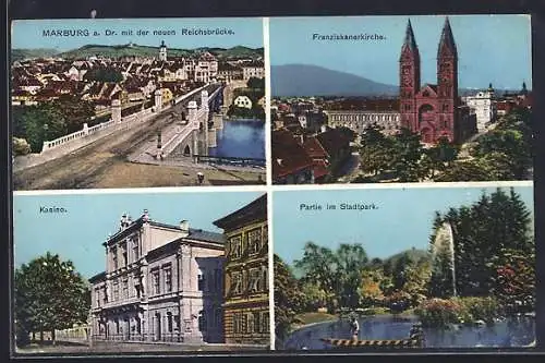 AK Marburg a. Dr., Kasino, neue Reichsbrücke, Franziskanerkirche