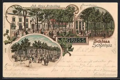 Lithographie Schönholz / Pankow, Gasthof Schloss Schönholz, Inh. Hans Retschlag, Halle und Garten