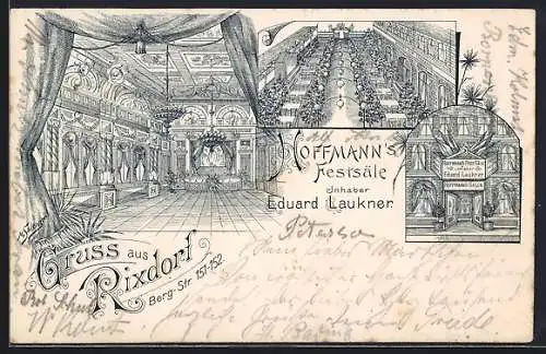 Lithographie Berlin-Neukölln, Rixdorf, Gasthaus Hoffmann`s Festsäle, Inh. Eduard Laukner, Berg-Str. 151-152