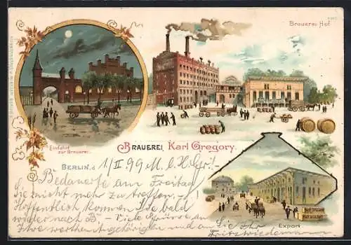 Lithographie Berlin-Gesundbrunnen, Brauerei Karl Gregory, Einfahrt, Hof und Export