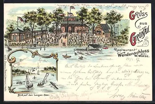 Lithographie Berlin-Köpenick, Restaurant Wendenschloss, Bes. W. Woese, Blick auf den Langen-See