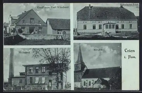 Mondschein-AK Krien b. Anklam, Kaufhaus Carl Wiechert, Schulzen-Amt und Molkerei