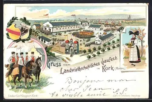 Lithographie Kork /Baden, Landwirtschaftliches Gaufest, Festplatz und Wappen, Frau in Tracht