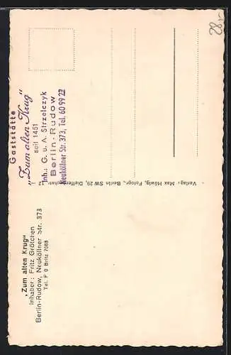 AK Berlin-Rudow, Gasthaus Zum alten Krug v. Fritz Grötchen, Neuköllner Strasse 373