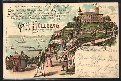 Lithographie Hamburg-Blankenese, Aufgang zum Süllberg mit vielen Passanten