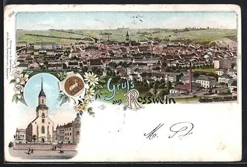 Lithographie Rosswein, Kirche, Gesamtansicht, Wappen, Eisenbahn