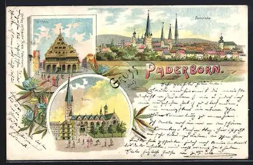 Lithographie Paderborn, Rathaus, Dom und Panorama