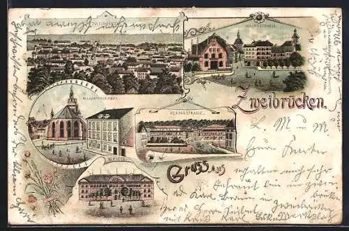 Lithographie Zweibrücken, Schloss, Hauptstrasse, Herzogstrasse und Alexanderskirche