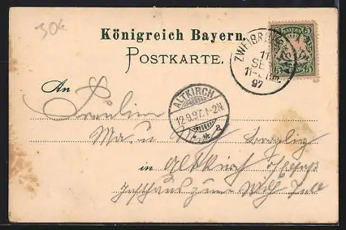 Lithographie Zweibrücken, Schloss, Hauptstrasse, Herzogstrasse und Alexanderskirche
