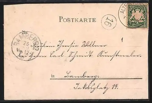 Lithographie Kulmbach, Realschule, Rathaus und Post, Reh-Thurm, Katholische Kirche, Totalansicht, Brauer mit Bier