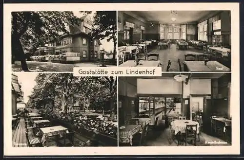 AK Berlin-Heiligensee, Gaststätte zum Lindenhof v. A. Ströher, Saal, Kegelbahnen, Terrasse, Aussen- u. Innenansichten