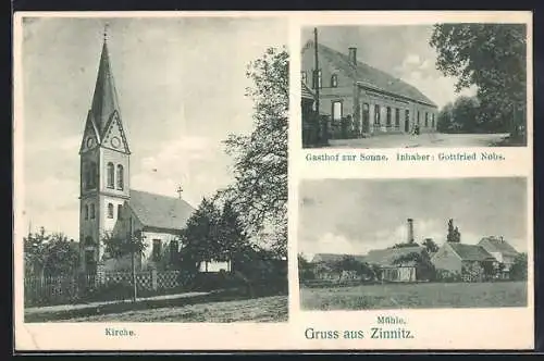 AK Zinnitz, Gasthof zur Sonne, Inh. Gottfried Nobs, Kirche und Mühle