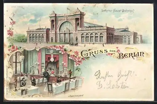 Lithographie Berlin-Tiergarten, Lehrter Haupt-Bahnhof mit Restaurant