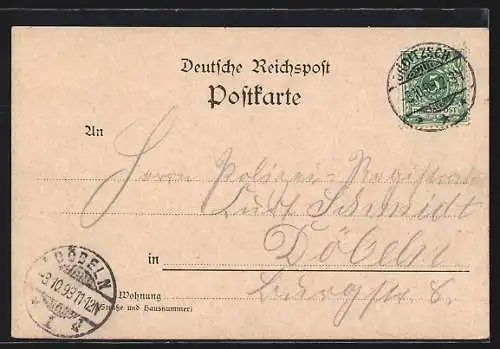 Künstler-AK Groitzsch / Sa., Gasthaus Wiprechtsburg, Post, Rathaus, Ortsansicht
