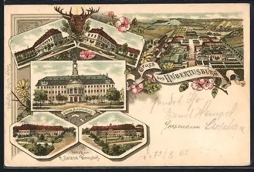 Lithographie Hubertusburg, Ansichten des Schloss Hubertusburg, Hirsch