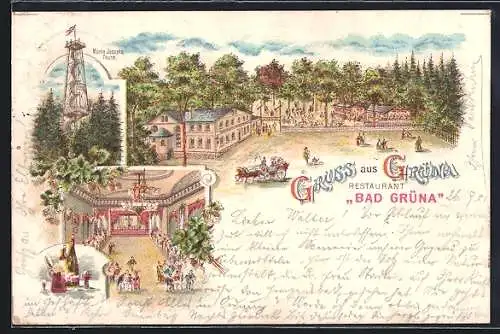 Lithographie Grüna / Sa., Restaurant Bad Grüna, Maria Josepha Turm