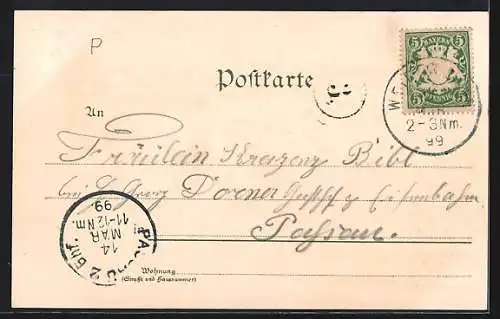 Lithographie Weiden / Oberpfalz, Centralwerkstätte, Schlör-Denkmal, Hotel Post, Blick zum Ort