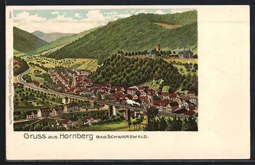 Lithographie Hornberg / Schwarzwald, Ortsansicht mit Eisenbahnbrücke