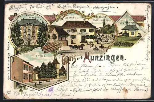 Lithographie Munzingen / Freiburg, Strassenpartie, Schloss Kageneck, Gasthaus zum Engel