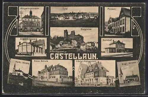 AK Castellaun, Totalansicht, Burgruine, Bahnhof und Bürgermeisteramt