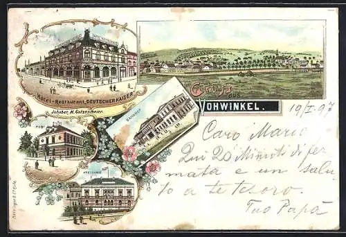 Lithographie Vohwinkel, Hotel-Restaurant Deutscher Kaiser, Inh. H. Gatzenheimer, Post, Bahnhof und Kreishaus